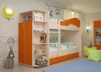 Кровать Мая двухъярусная с ящиками и шкафом Млечный дуб/Оранжевый в Бийске - bijsk.mebel54.com | фото