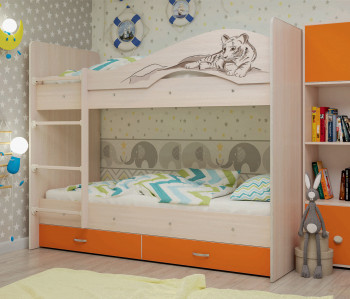 Кровать Мая-Сафари двухъярусная с ящикамиМлечный дуб/Оранжевый в Бийске - bijsk.mebel54.com | фото