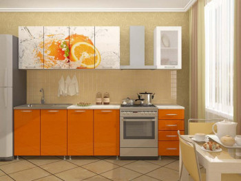 Кухонный гарнитур 1,6м Апельсин (Белый/Оранжевый металлик/Фотопечать апельсин) в Бийске - bijsk.mebel54.com | фото