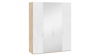 Шкаф комбинированный с 2 глухими и 2 зеркальными дверями «Эмбер» Яблоня Беллуно/Белый глянец в Бийске - bijsk.mebel54.com | фото
