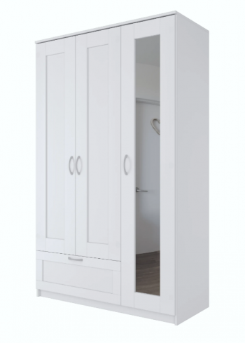 Шкаф трехдверный Сириус с зеркалом и 1 ящиком белый в Бийске - bijsk.mebel54.com | фото
